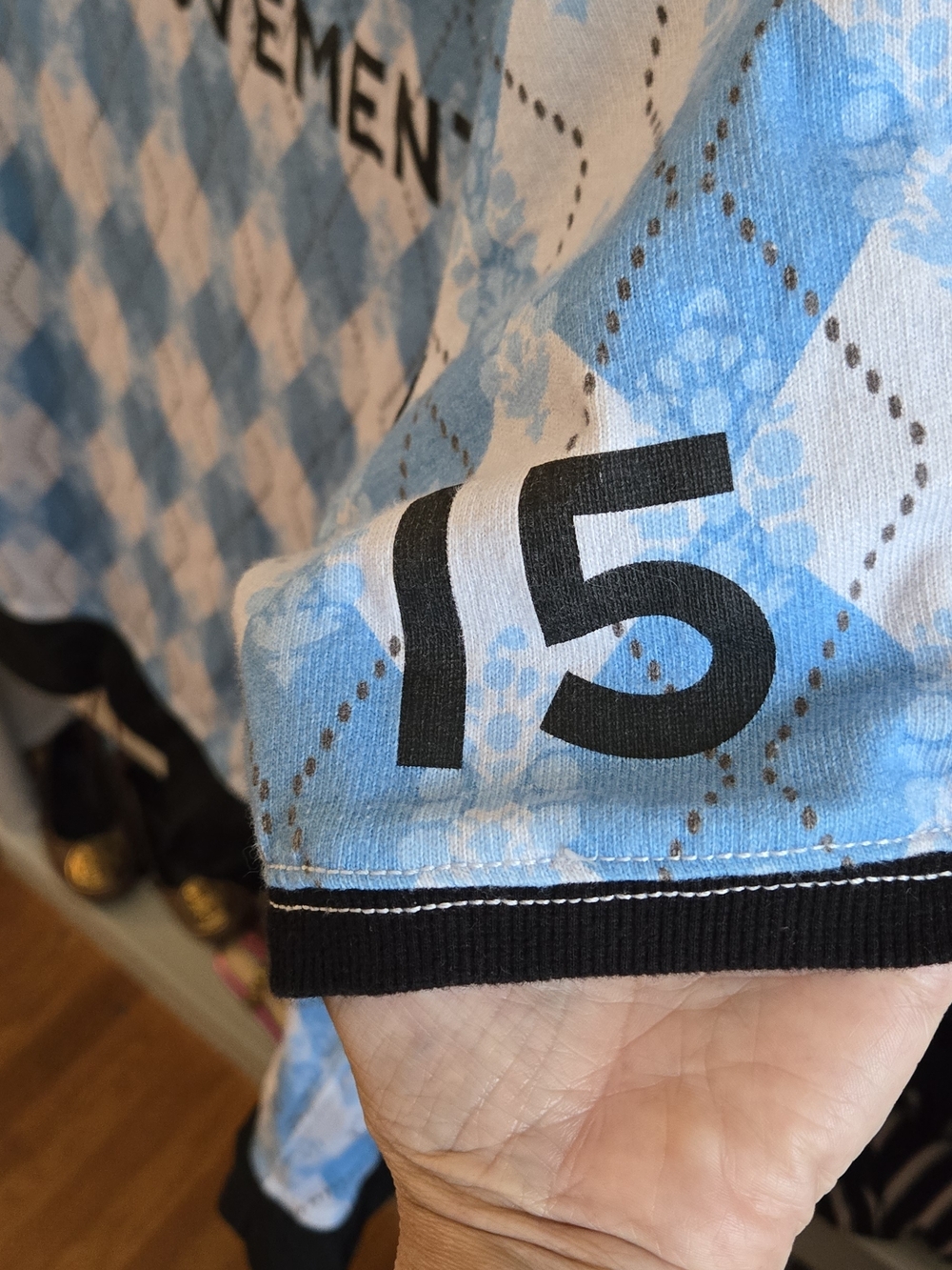 FP Movement Blue and White Argyle V‑Neck Jersey Top - Picture 5 of 8